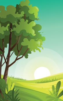 Green meadow landscape with sunrise on the horizon, nature scenery vector illustration