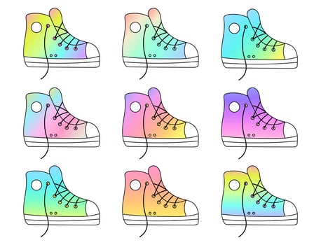 Set of colorful sneakers on white background. Cartoon sport shoes. Doodle style. Pastel gradient colors. Vector illustration