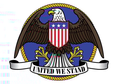 American eagle wearing flag shield and ribbon sign below vector