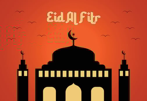 Eid al Fitr Islamic design with silhouette of mosque and dusk sky as background. vector, illustration, background, greeting card, poster, banner, etc. vector