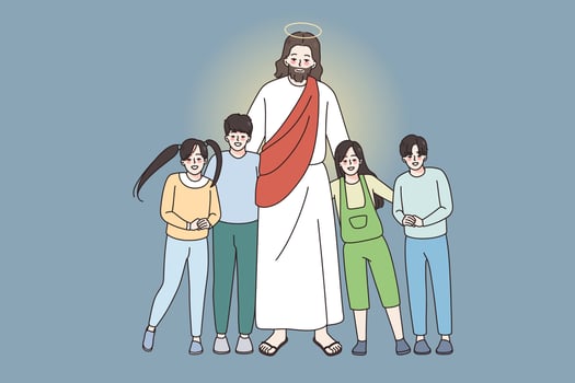 Happy Jesus hug cuddle small smiling children show love and care. Attentive Christ embrace little kids. Christianity religion. Faith and superstition concept. Vector illustration, cartoon character.