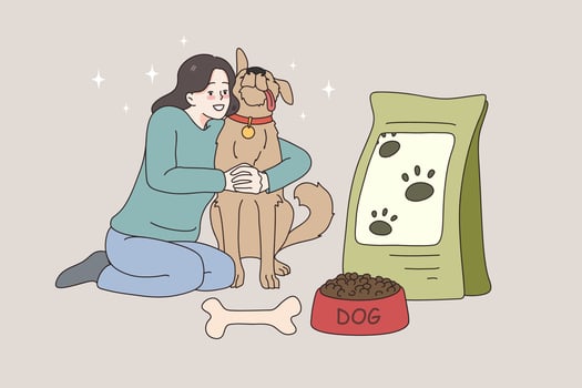 Pet owner and dog food concept. Smiling woman sitting hugging her dog feeding him with dry food and treating with bone vector illustration