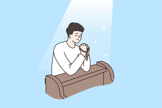 Religion and spiritual pray concept. Young relaxed man sitting with eyes closed and praying talking to god in church vector illustration
