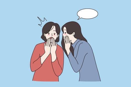 Excited millennial girlfriends gossip laughing joking. Smiling young women share secrets whisper in ear in private communication. Rumors spread concept. Cartoon character, vector illustration.