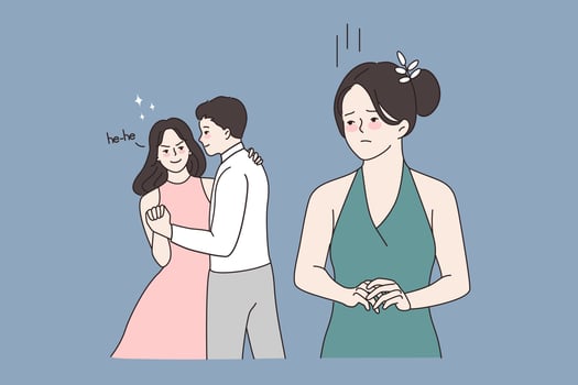 Sad young woman jealous of couple lovers dancing on wedding or occasion. Single girl feel lonely envy of lady with man. Jealousy, relationship, solitude concept. Flat vector illustration.