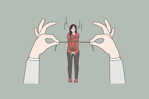 Stressed woman tied with rope by huge hands. Distressed female victim businesswoman confident by obligation or bond. Financial burden, risk. Flat vector illustration, tiny people.