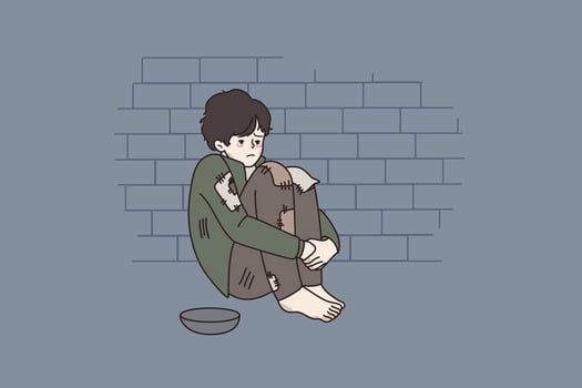 Poor unhappy small boy begging on street with empty bowl. Upset little homeless kid hungry sad ask for help or food outdoors. Poverty, children beggar concept. Vector illustration. Cartoon character.