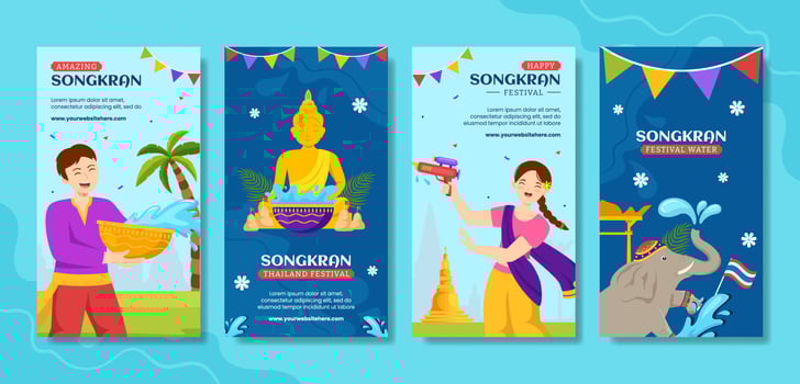 Songkran Festival Day Social Media Stories Cartoon Hand Drawn Templates Background Illustration vector