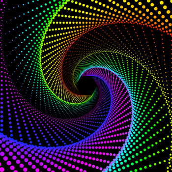 Colorful dotted spiral vortex vector background. Black, blue, green, yellow, and red swirl pattern dots wallpaper.