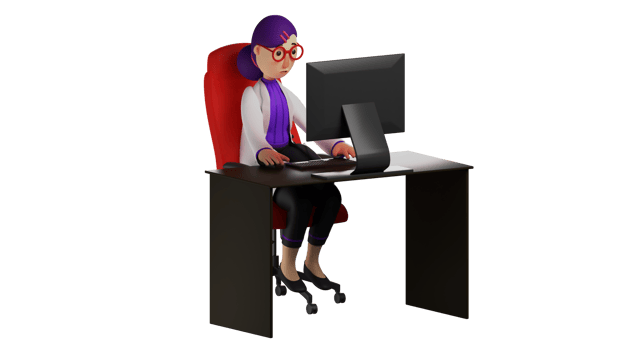 3D illustration. Hospital Chief  3D Cartoon Character. Beautiful hospital head sitting in front of her computer. Doctor is checking the report. Doctor with a confused expression. 3D Cartoon Character png