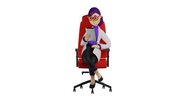 3D illustration. Beautiful Doctor 3D Cartoon Character. Female doctor studying something on her tablet. The beautiful doctor is checking the report while sitting on the red chair. 3D Cartoon Character png