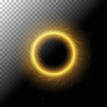 Vector illustration of bright fire magic portal with sparks, glowing lights in shape of radiant sparkling circle on black, transparent background. Round frame template with glitters. Luminous effect