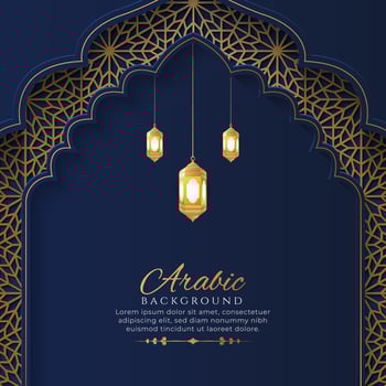Arabic Islamic Arch Blue and Golden Luxury Ornamental Background with Islamic Pattern Frame vector