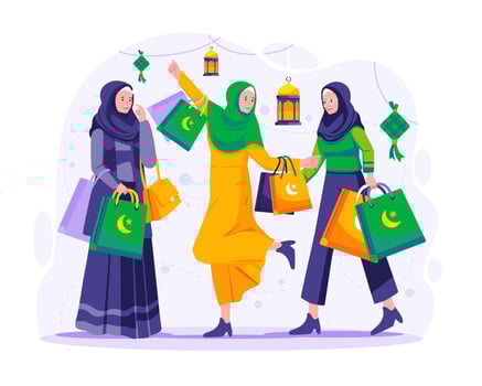 Muslim women are shopping on Ramadan Sale. Happy standing young women with shopping bags. Ramadan Kareem and Eid Mubarak E-commerce, Online Shopping concept vector illustration