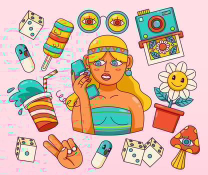 Groovy vector. Woman calling, drink, happy flower, camera, glasses, peace and ice cream vector