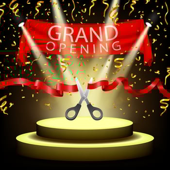 Grand opening background with spotlight and gold confetti on spotlight stage, Vector Illustration
