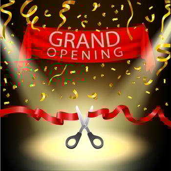 Grand opening background with spotlight and gold confetti, Vector Illustration