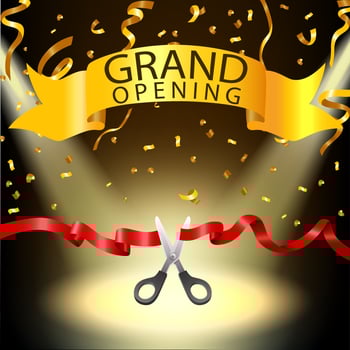 Grand opening background with spotlight and gold confetti, Vector Illustration