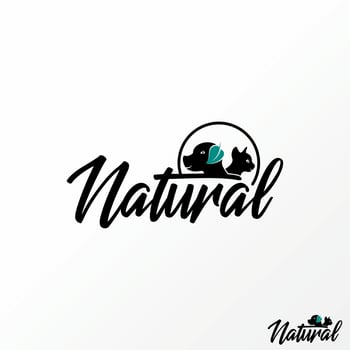 Writing NATURAL handwritten font with leaves, dog, and funny cat image graphic icon logo design abstract concept vector stock. Can be used as a symbol related to herb or pet