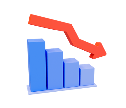 3d minimal data analysis icon. financial down. stock down. depreciation concept. A bar graph with an arrow down. 3d illustration. png