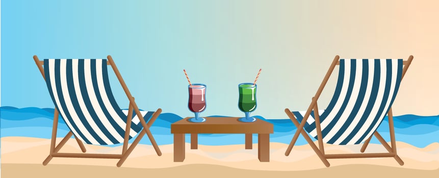 Wide banner. Sea coast, two deck chairs cocktails on the beach, sun sea and sand. Summer vacation in hot countries, beach holidays. Banner for advertising tours, travel, vacation vector