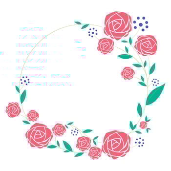 Set a floral border with a wreath of green leaves and pink flowers for a wedding card, a greeting card, or decorative artwork. vector