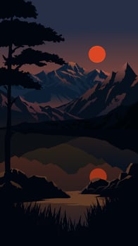 Vector illustration of sunset landscape over mountain range with lake full moon
