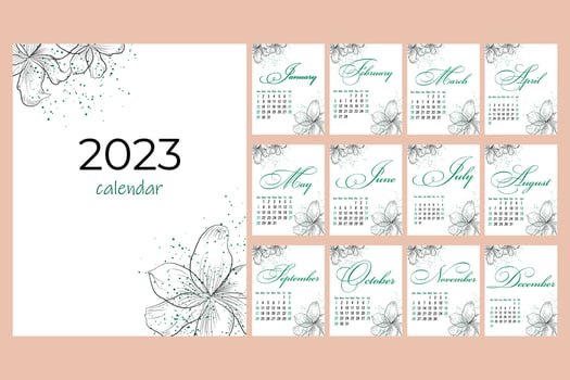 Calendar 2023, minimalism, flowers linear sketch, calligraphy and decor with abstract splashes vector