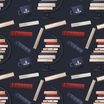 Seamless pattern with earth globe with stack of books, cup of tea. Book heap. Bookstore, bookshop, library, book lover, bibliophile, education for poster, banner, website. vector