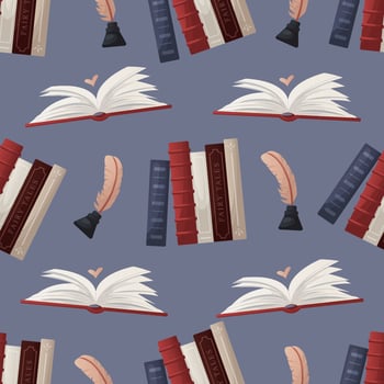 Seamless pattern with open huge book with heart, reading stack of books, inkwell. Bookstore, bookshop, library, book lover, bibliophile, education for poster, banner, website. vector