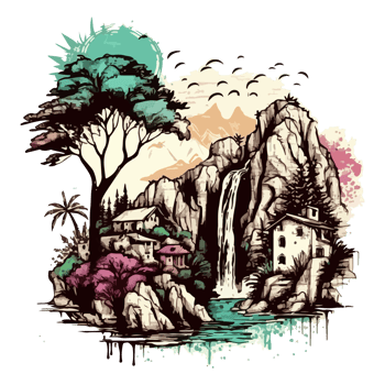 watercolor painting of forest and village png