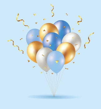 Bouquet, bunch of realistic 3d ballons serpentine, confetti. Vector illustration for card, party, design, flyer, poster, decor, banner, web, advertising.