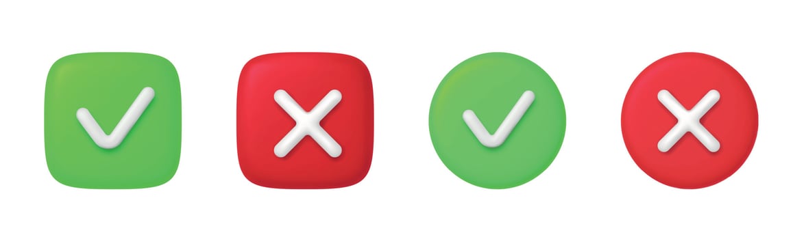 3D Right and Wrong Button in Round Shape. Green Yes and Red No Correct Incorrect Sign. Checkmark Tick Rejection, Cancel, Error, Stop, Negative, Agreement Approval or Trust Symbol. Vector Illustration