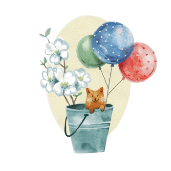 Playful Pup in a Bucket Watercolor Illustration of a Dog with Flowers and Balloons png