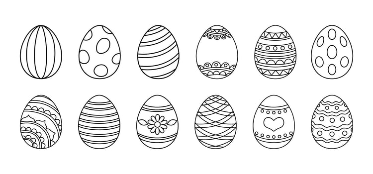 Easter Eggs vector coloring collection. Isolated linear eggs with ornaments on white background