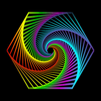 Red, yellow, green, pink, and cyan hexagonal lines spiral vortex. 3d op art hexagon swirl pattern stripes. vector