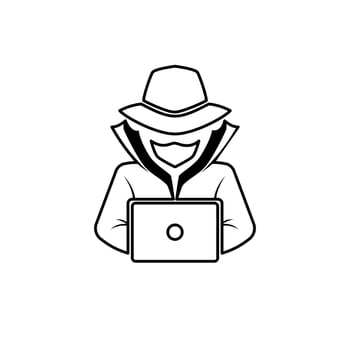 An agent with a laptop. Spy Agent, Secret Agent, Hacker. Cyber security. Vector illustration.
