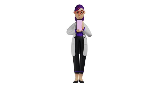 3D illustration. Young Doctor 3D Cartoon Character. The female doctor was standing with a sweet smile. Beautiful doctor showing her cellphone display. 3D Cartoon Character png
