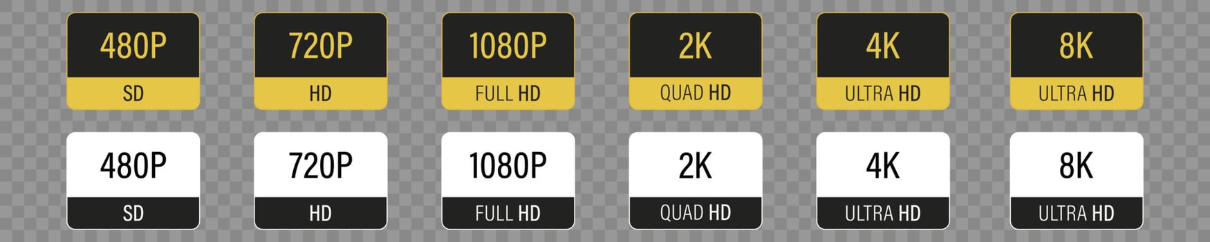 Screen display resolution. 480p sd, 720p hd , 1080p fhd, 2k quad hd, 4K ultra hd, 8k ultra hd, collection icons. Vector illustration