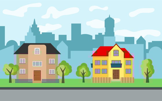 Vector city with two two-story cartoon houses and green trees in the sunny day. Summer urban landscape. Street view with cityscape on a background