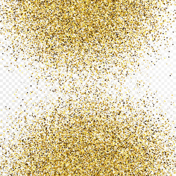Gold glitter confetti backdrop isolated on white transparent background. Celebratory texture with shining light effect. Vector illustration.