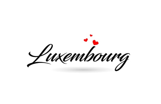 Luxembourg name country word with three red love heart. Creative typography logo icon design vector