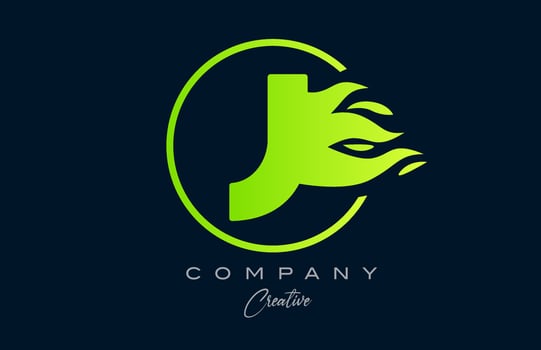 J alphabet letter icon for corporate with green flames. Fire design suitable for a logo company vector