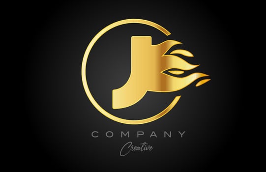 gold golden J alphabet letter icon for corporate with flames. Fire design suitable for a business logo vector