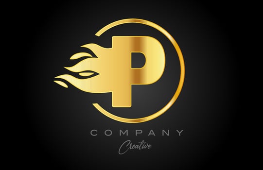 gold golden P alphabet letter icon for corporate with flames. Fire design suitable for a business logo vector
