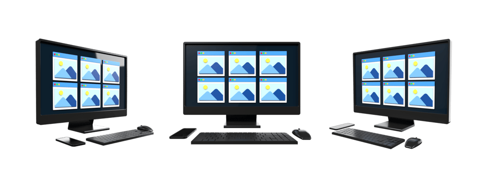 3D computer setup, keyboard, mouse with monitor screen gallery picture, galery photo png