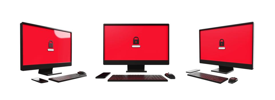 3D computer setup, keyboard, mouse with monitor screen lock red color png