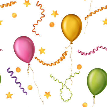 Seamless pattern of colorful balloons, ribbons and confetti on the transparent png