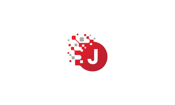 J logo. J letter. Initial letter J linked circle and dot logo. J design. Red and gray J letter. J letter logo design. Pro Vector