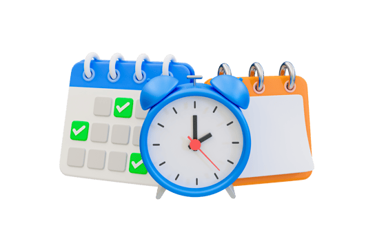 3d minimal time management concept. life schedule management concept. calendar with alarm clock and notebook. 3d rendering illustration. png